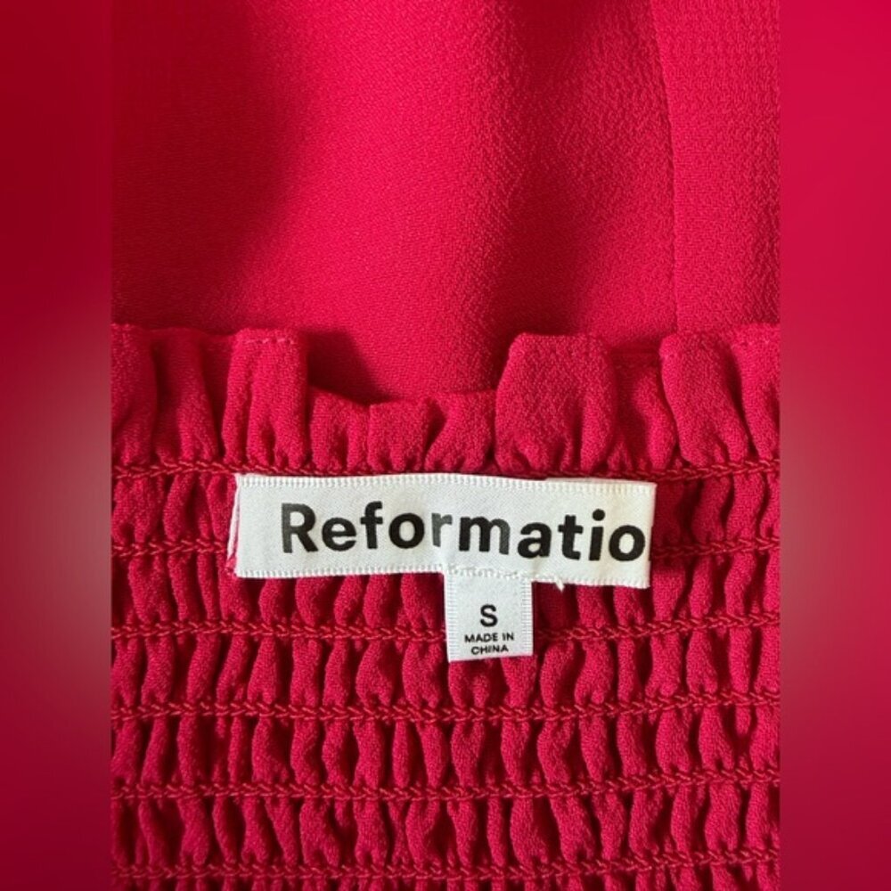 NEW Reformation Meadow Puff Sleeve Smocked Midi Dress Rhubarb Pink Red | size S - Picture 9 of 13